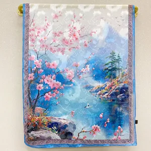 Floral landscape print silk scarf elegant spring summer women beach shawl sun protection
