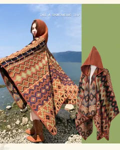 Bohemian hooded faux cashmere shawl cape, ethnic geometric open split design for travel style.