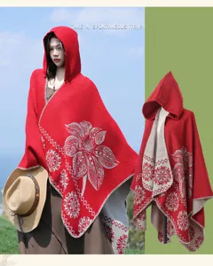Ethnic style red hooded cashmere-feel poncho cloak warm cape for women travel wear
