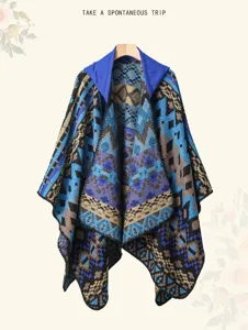 Bohemian multi-color imitation cashmere hooded cape, ethnic geometric travel shawl for women.
