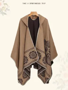 Womens hooded knitted shawl cape bohemian ethnic style cashmere feel long winter warm wrap scarf