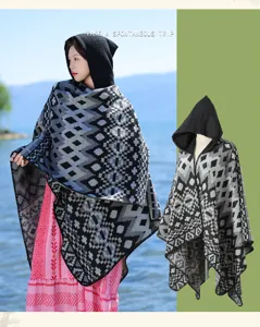 Bohemian hooded faux cashmere split shawl for women, stylish geometric pattern cloak.