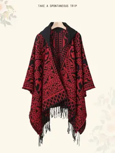 Red black hooded knit poncho vintage ethnic cape tassel warm winter shawl cloak women