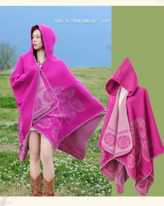 Ethnic style fuchsia hooded cashmere-feel long shawl cloak, warm travel cape scarf for women.