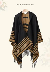 Poncho con capucha mujer otoño invierno casual a rayas cálido chal con flecos capa abrigo