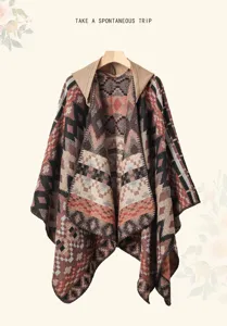 Bohemian geometric faux cashmere hooded shawl, stylish ethnic poncho cape for women.