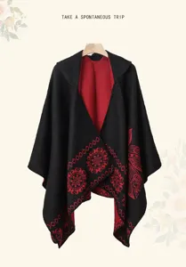 Ethnic style black and red hooded cape detail, cozy imitation cashmere warm shawl for women.