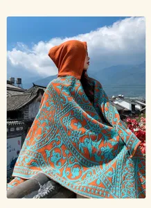 Ethnic style hooded cape shawl for women, orange with blue vintage pattern poncho.