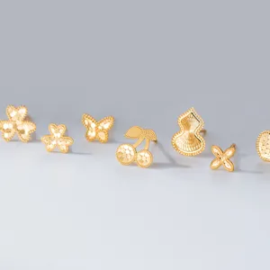 Lasergravierte S925 Sterlingsilber Ohrstecker Elegante Kleeblatt Schmetterling Wulu Herz Kirsch Formen Mode Schmuck Für Damen Geschenk