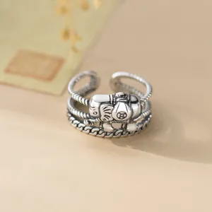 S925 Sterling Silver Vintage Elephant Three-Layer Twisted Ring Retro Thai Silver Jewelry