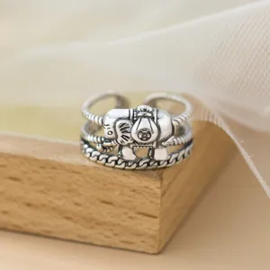 Vintage S925 Sterling Silver Elephant Open Ring For Women Thai Silver Style Triple Layer Twisted Rope Adjustable Ring Jewelry