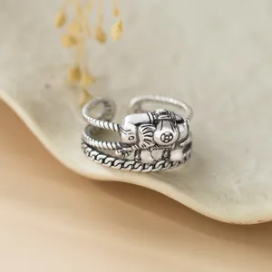 Exquisite sterling silver elephant ring detail, vintage Thai silver multi-layer twist band design.