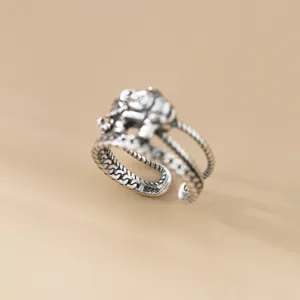 S925 sterling silver vintage elephant open ring, unique multi-layer twisted band design.