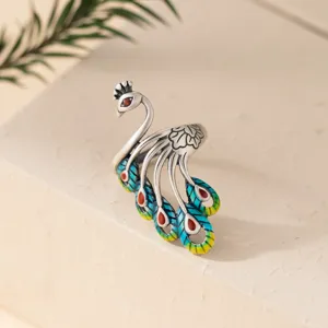 Detailed view of the exquisite 990 silver peacock ring showing intricate enamel details.