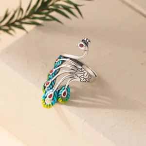 Sterling silver peacock ring with colorful enamel vintage retro design detail shot