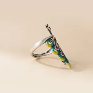 Thai silver peacock open ring vintage 990 pure silver detailed view ethnic jewelry.