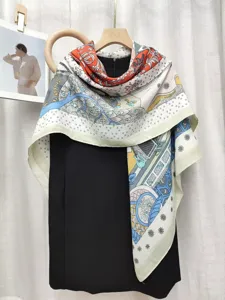 Luxury style large square silk scarf shawl with elegant botanical floral print design.