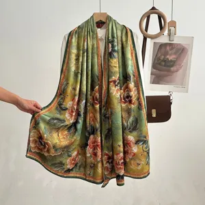 Retro vintage floral print long silk scarf for women, elegant double-sided draped wrap shawl.