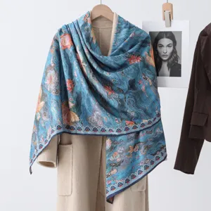 Nuovo Foulard Quadrato Grande in Stile Cinese Imitazione Seta Scialle con Stampa Floreale Bifacciale Elegante Sciarpa da Donna