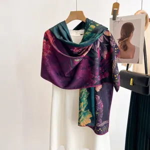 New Chinese Style Retro Floral Print Imitation Silk Long Scarf Shawl Double Sided Women Spring Autumn Accessories