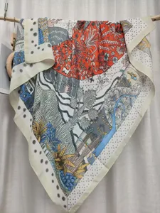 Luxury 130cm printed silk-feel square scarf hand-rolled edge botanical floral shawl wrap