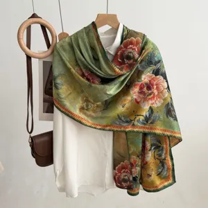Retro Neo-Chinese Double-Sided Two-Tone Printed Long Silk Scarf Women Elegant Floral Landscape Shawl Wrap Fashion Scarf
