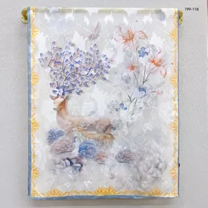 Chinese style printed silk scarf detail, elegant deer and floral pattern ribbon accessory.