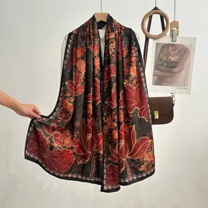 Retro double-sided floral print silk scarf in new Chinese style. Elegant draping detail.