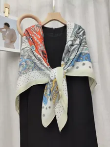 Detailed view of the 130cm floral silk-feel winter square scarf shawl, elegant design.