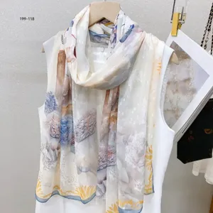 Exquisite Chinese style floral print sheer silk scarf detail, elegant lightweight fabric design.