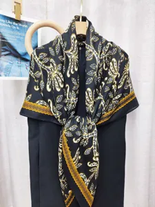 Large silk-feel square scarf with vintage botanical floral print, handmade rolled edges.