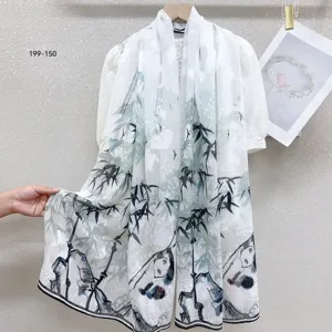 Chinese style silk scarf featuring ink bamboo and panda prints, lightweight summer shawl.