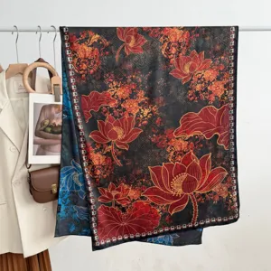Detail view of a vintage Chinese style double-sided printed silk scarf with lotus pattern.