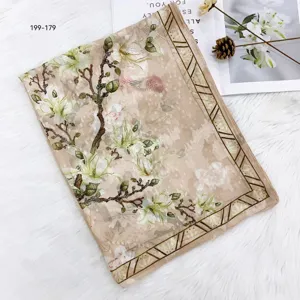 Detailed view of the vintage Chinese style faux silk floral scarf, elegant beige long shawl.