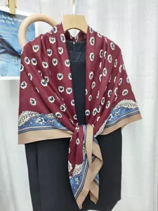 Winter floral large square scarf, vintage maroon shawl, elegant paisley border design for women.