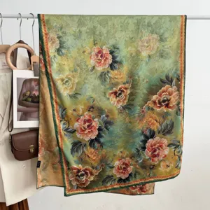 Retro floral silk scarf detail, elegant double-sided print design, premium fabric texture.