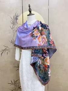 Elegant new Chinese retro double-sided printed imitation cloud yarn long scarf shawl detail.