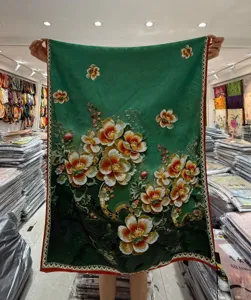 Detailed view of traditional Chinese style vintage floral printed long scarf shawl for women.