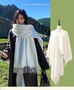 White wool blend tassel shawl and scarf detail scene showing cozy winter outfit styling.