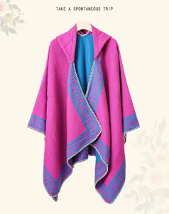 Estilo étnico poncho capa con capucha geométrica chal cálido de invierno mujer