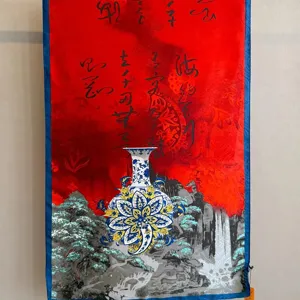 Elegant Chinese style long silk scarf with vintage landscape and calligraphy print for women.