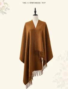 Solid color winter woolen women shawl warm fringe cloak stylish elegant versatile wrap scarf