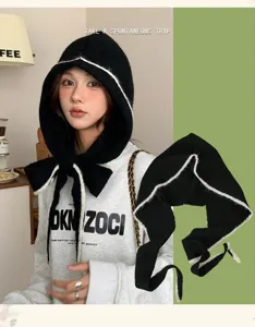 Women knit balaclava hat autumn winter solid color warm hooded cap stylish headscarf