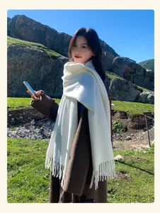 Solid color wool scarf for women winter thickened warm cozy shawl stylish soft neckerchief
