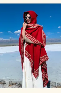 Detalle de toma exterior de capa roja con capucha y patron geometrico para viajes.