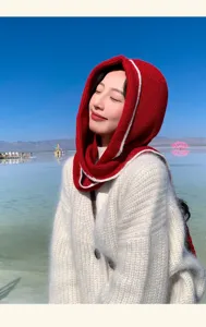 Stylish red and white knitted balaclava hood, cozy winter warm headscarf for women outdoor.