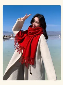 Elegant solid red wool tassel scarf women winter warm Korean style stylish cozy neck warmer shawl