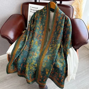 Elegant retro long silk scarf for women, vintage pattern sun protection shawl and wrap.