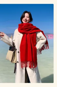 Detail view of a cozy red winter wool scarf with fringe, perfect for warm styling.