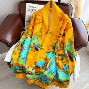 Elegant long silk scarf for women featuring vibrant yellow landscape print, perfect summer shawl wrap.